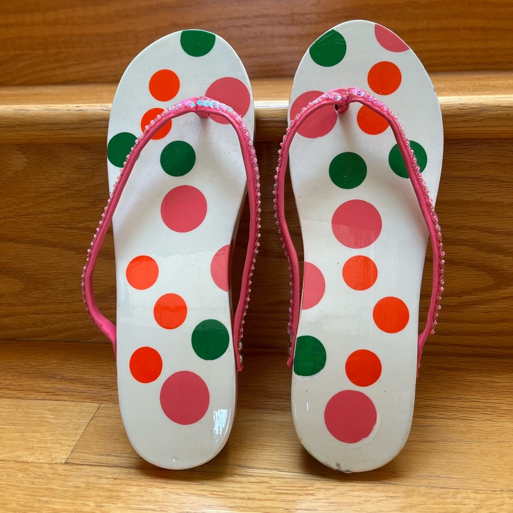 Polka Dot Wooden Flip Flops with Pink Straps